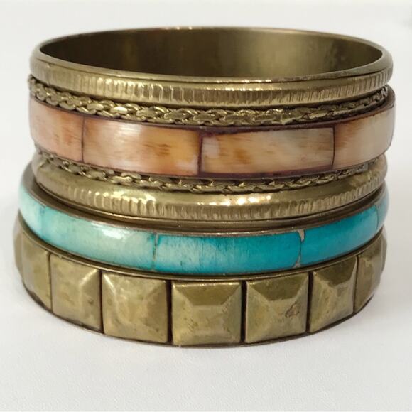 Vintage Brass Hand Crafted Mother of Pearl Inlay Bangles Bracelet Set Lot of 3 - Picture 11 of 16